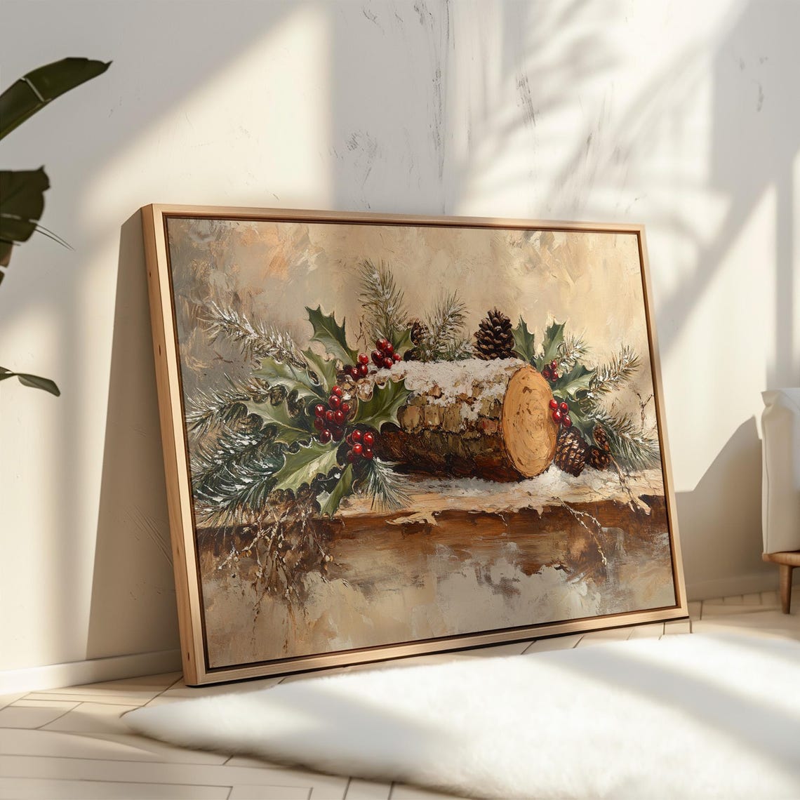 Vintage Christmas Log With Holly Pinecones And Snow Holiday Poster
