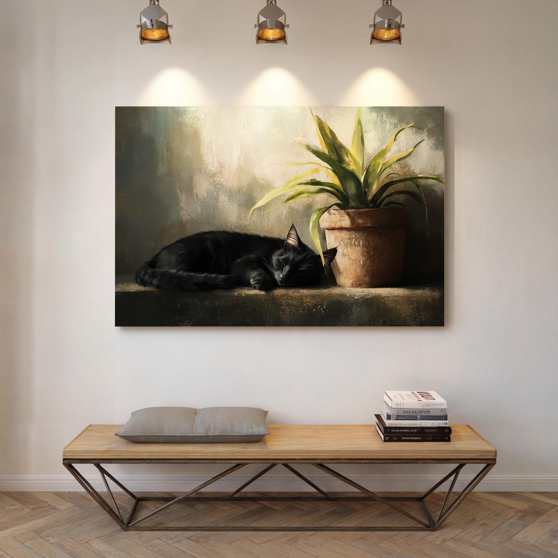 Black Cat Sleeping Peacefully by Sunny Window Plant Cozy Art Print - Image 3