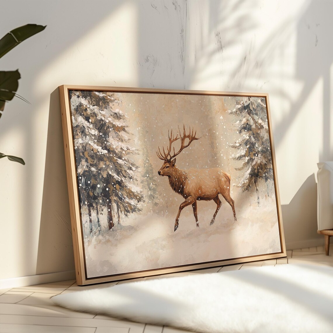 Young Elk In Snow Covered Winter Forest Lodge Wildlife Painting Print - Image 4