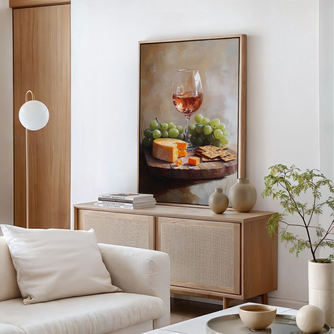 Rustic Wine Cheese Grapes Crackers Still Life Painting Kitchen Wall Poster - Image 4