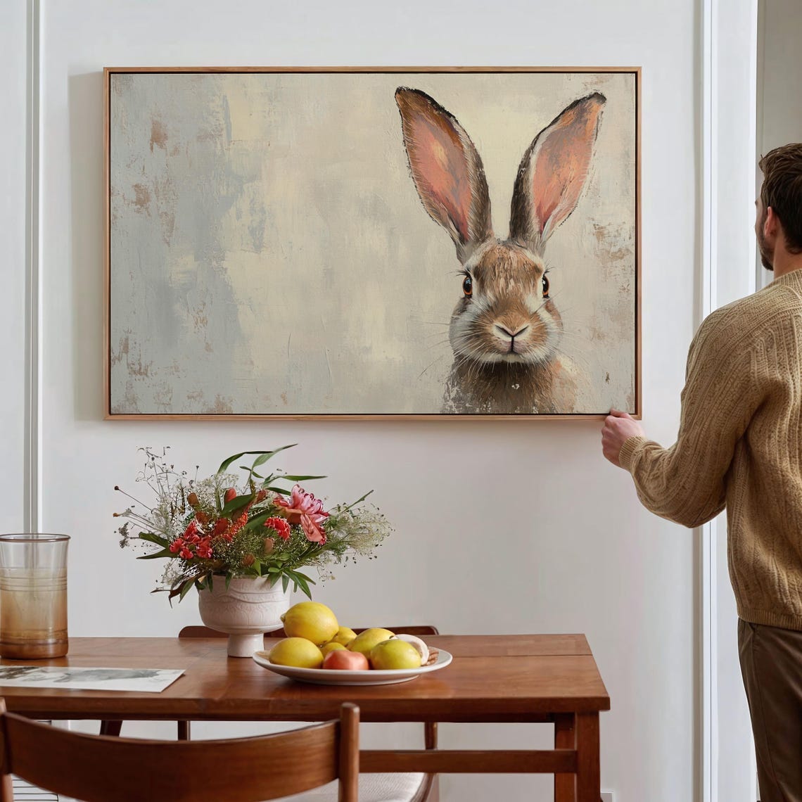 Curious Hare Peeking Portrait Rustic Neutral Farmhouse Rabbit Print - Image 2