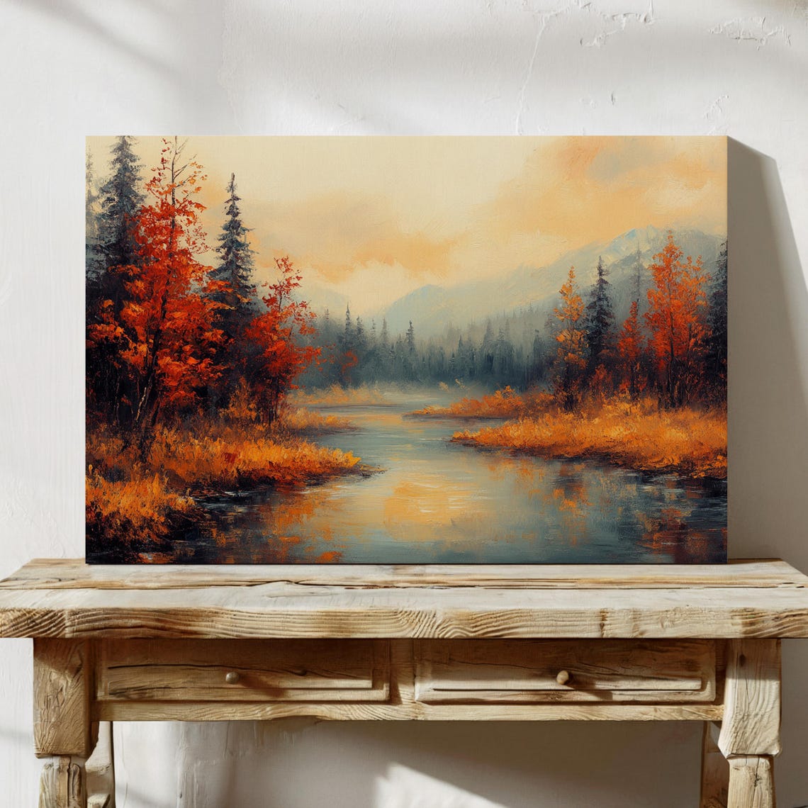 Autumn River Landscape, Moody Nature Painting
