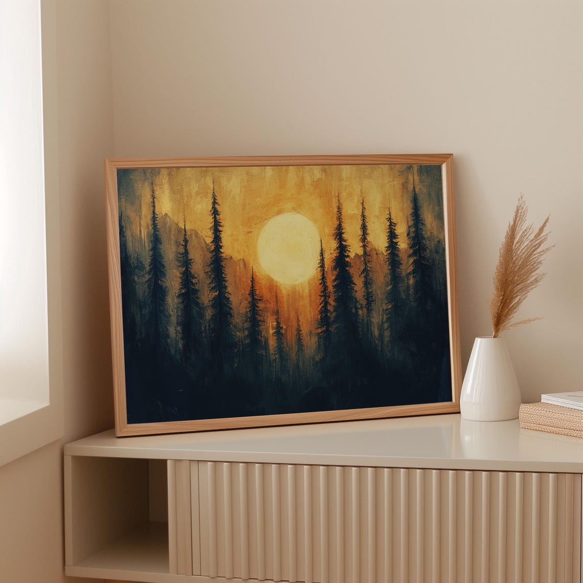 Golden Sunset Forest Painting Moody Pine Tree Wall Art Rustic Mountain Print Warm Nature Decor Scenic Landscape Artwork - Image 4