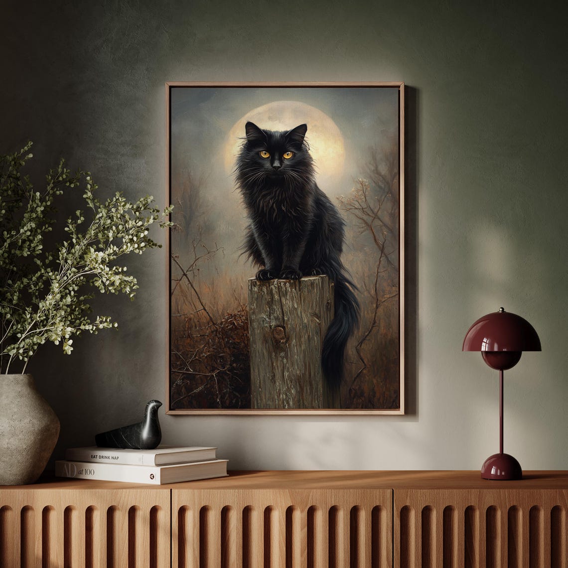 Fluffy Black Cat On Wooden Post Under Full Moon Night Art Print - Image 4