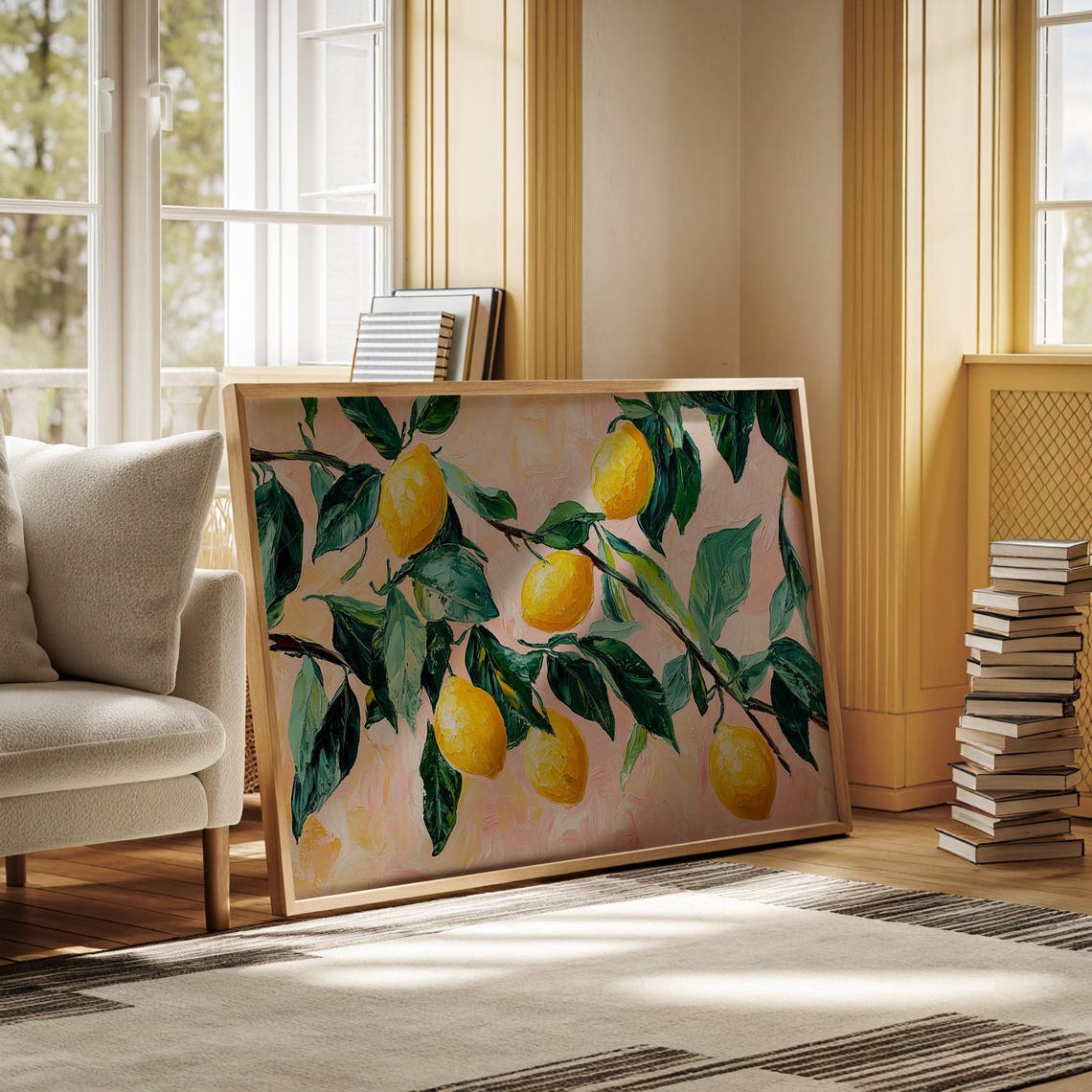 Lemon Tree Branches Bright Yellow Lemons Pastel Pink Oil Art Poster - Image 4