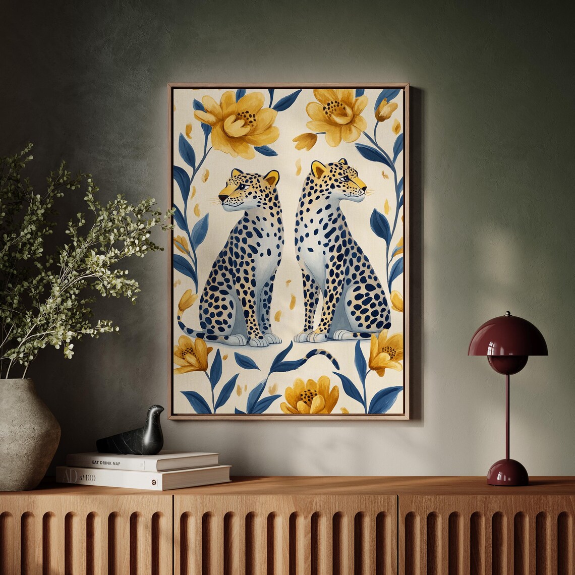 Elegant Cheetah Pair Yellow Flowers Cream Background Wildlife Art Poster - Image 2