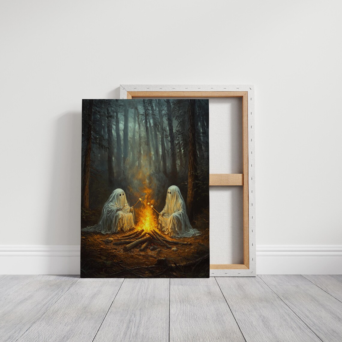 Cute Ghosts Campfire Night Forest Cozy Spooky Halloween Wall Art Poster - Image 3