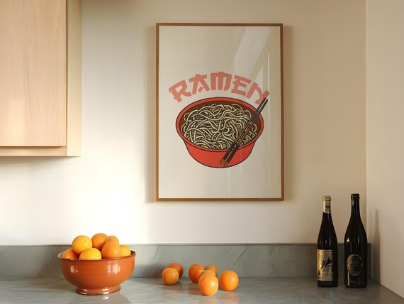 Ramen Bowl Kitchen Art Print Japanese Food Poster With Red Bowl And Chopsticks Fun Typography Design Perfect Kitchen Or Dining Deco