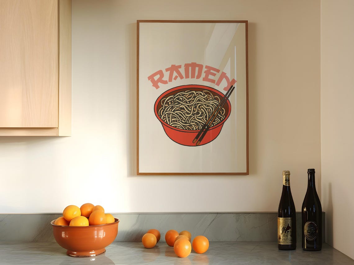 Red Ramen Bowl Retro Script Japanese Noodle Kitchen Wall Poster