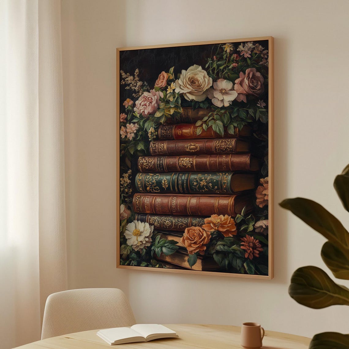 Antique Book Stack With Roses Romantic Floral Library Art Print