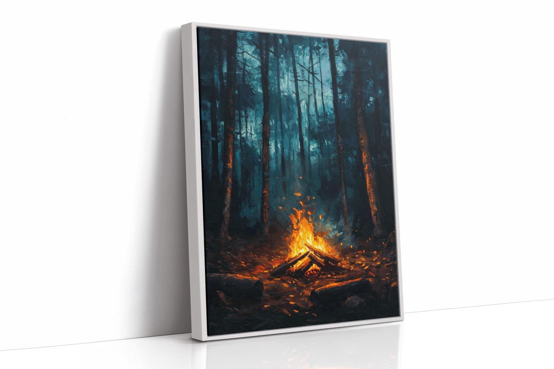 Cozy Campfire Forest Print Moody Night Wilderness Art Rustic Adventure Scene Warm Firelight Glow Outdoor Nature Wall Decor - Image 3