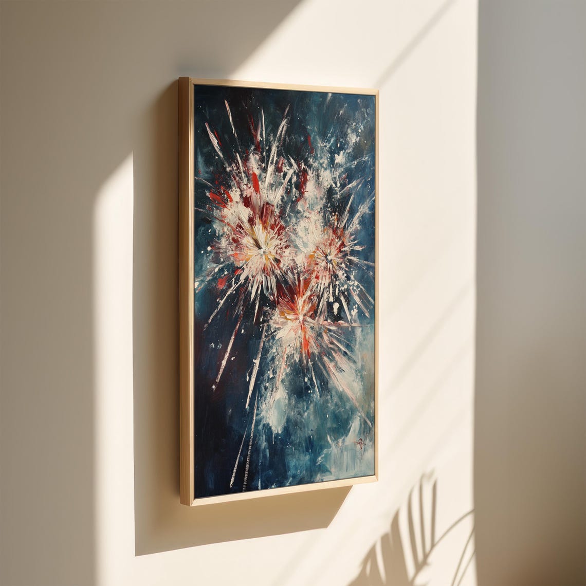 Red And White Fireworks Bursts On Dark Night Modern Abstract Art Print - Image 3