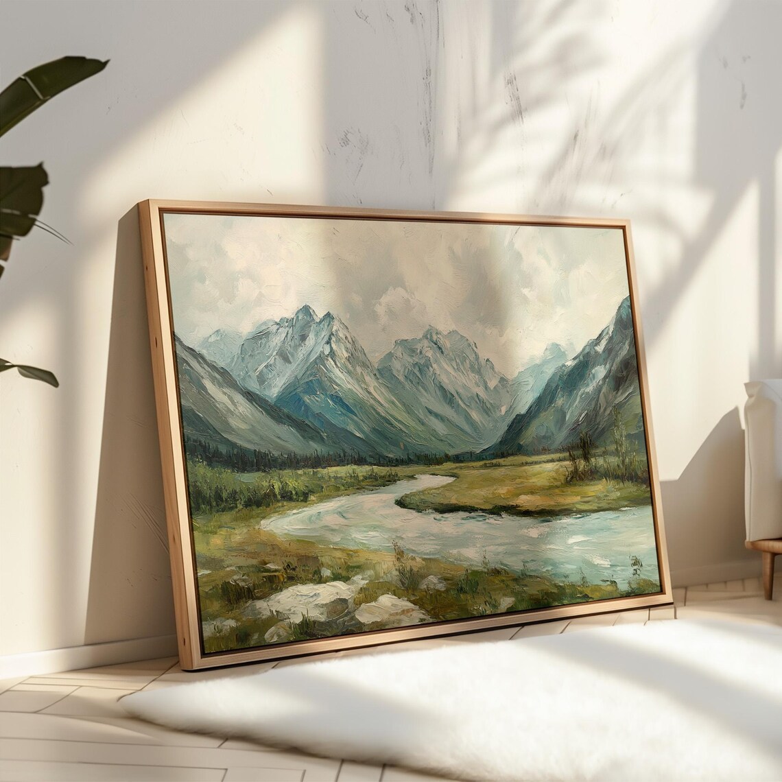 Majestic Mountain River Landscape, Rustic Cabin Decor