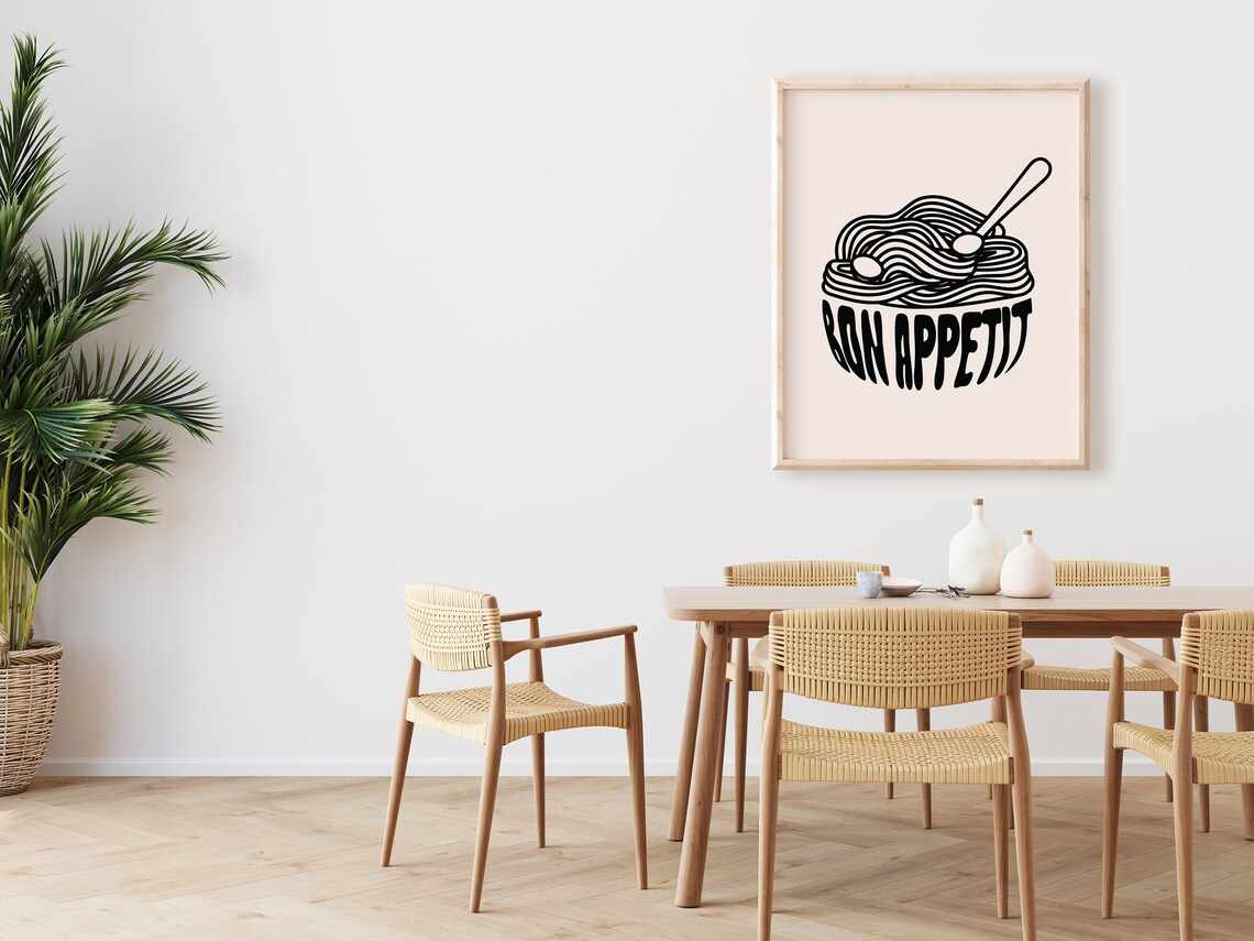 Bon Appetit Retro Noodle Bowl Line Art Fun Modern Kitchen Poster - Image 2