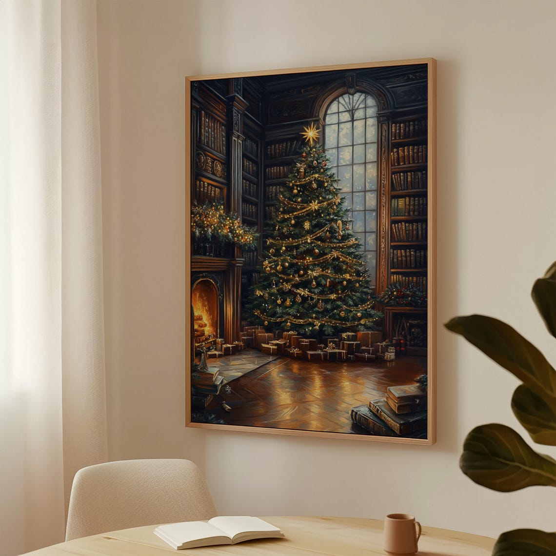 Christmas Library Grand Tree Fireplace Cozy Vintage Holiday Art Print