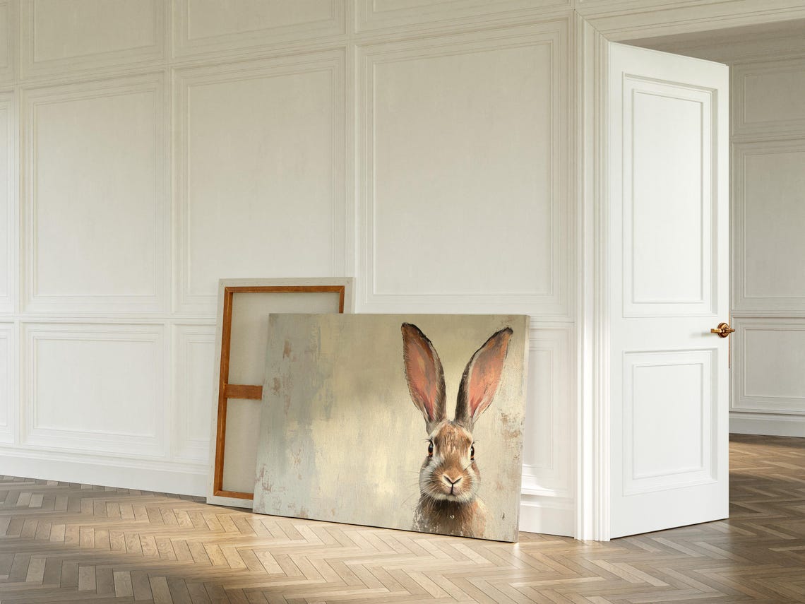 Curious Hare Peeking Portrait Rustic Neutral Farmhouse Rabbit Print - Image 3
