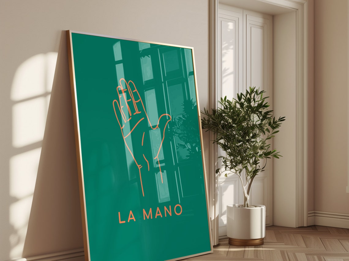 La Mano Line Art Hand Mexican Loteria Style Green Boho Wall Poster