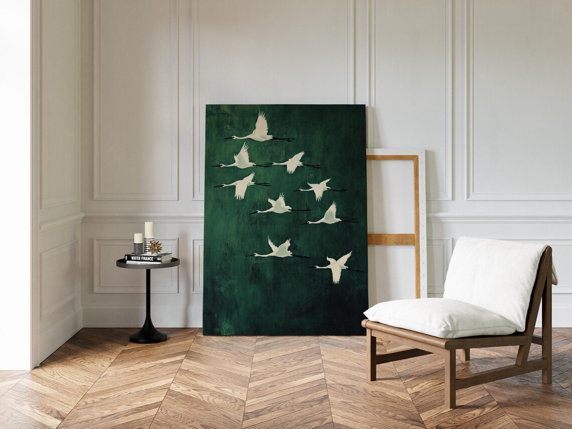 White Cranes Flying Over Dark Green Minimalist Bird Wall Art Poster - Image 3