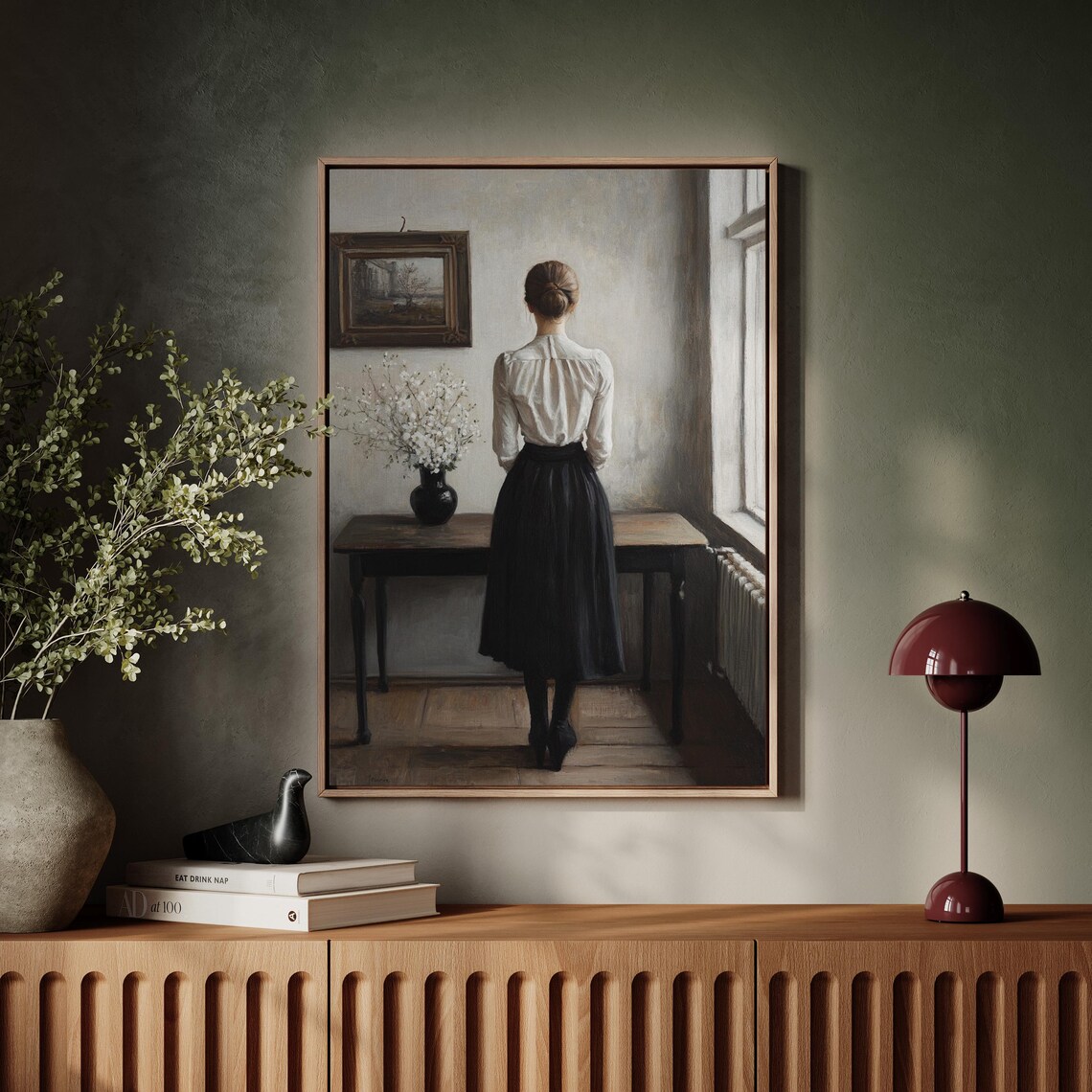 Elegant Woman From Behind Vintage Interior Portrait Muted Oil Painting Poster - Image 5