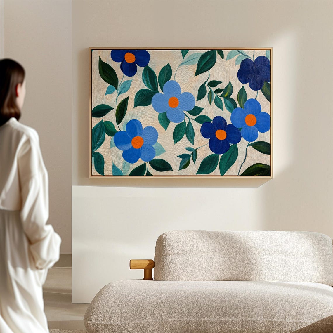 Bold Blue Blossoms Orange Centers Modern Floral Green Leaf Wall Poster - Image 4