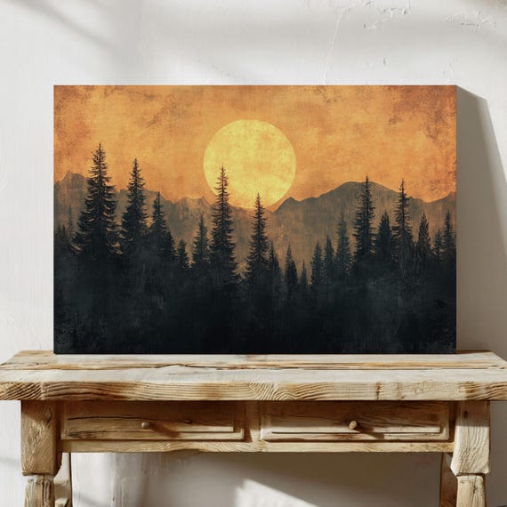 Rustic Sunset Forest Painting Moody Mountain Wall Art Silhouette Pine Trees Warm Nature Print Scenic Wilderness Decor