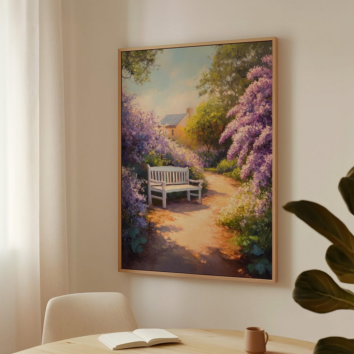 Sunlit Garden Bench Lilac Path Blooming Purple Flowers Spring Wall Art