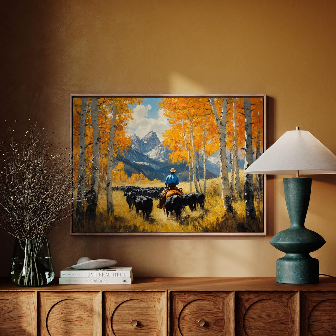 Cowboy Cattle Drive Western Ranch Autumn Aspen Landscape Art Poster - Image 4