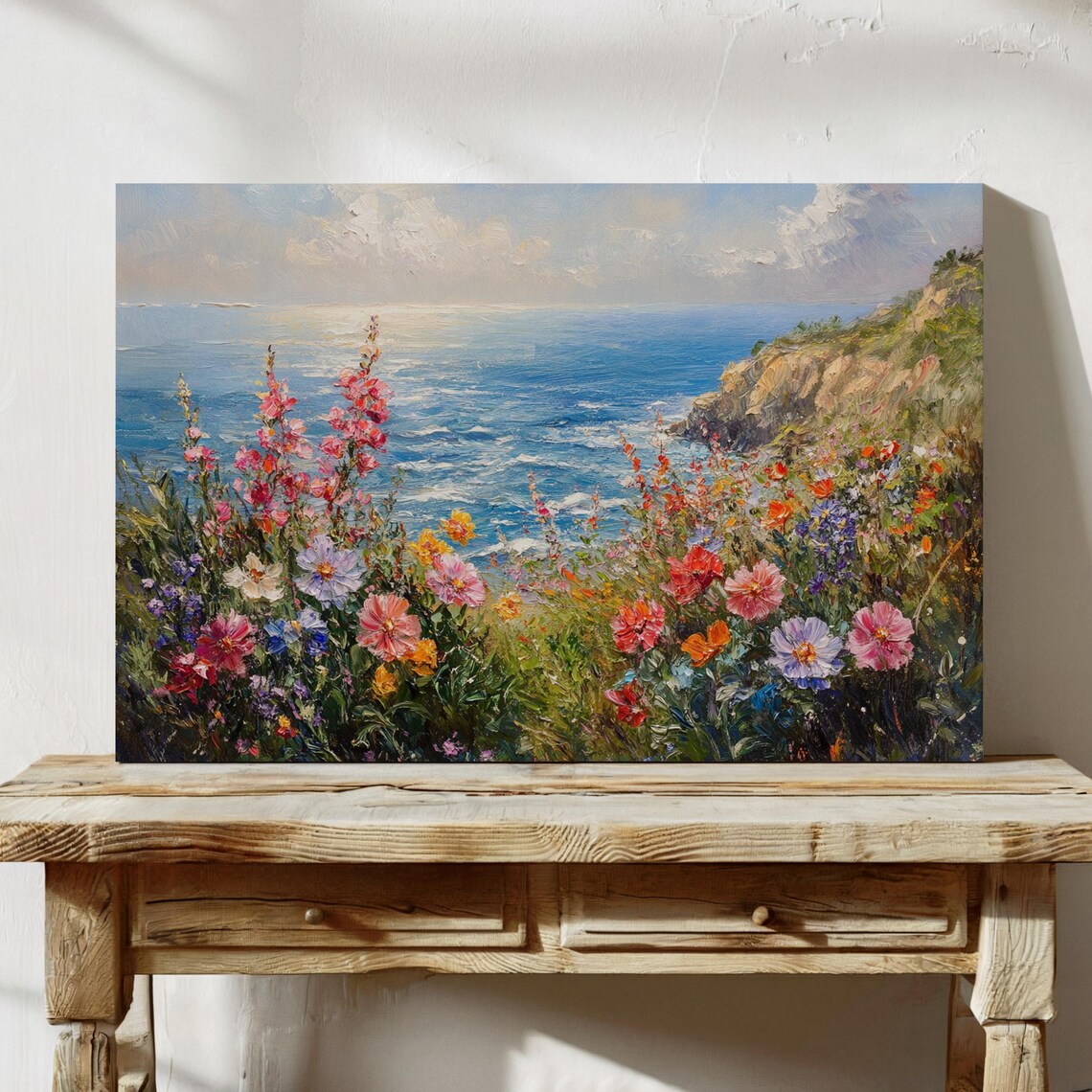 Wildflower Cliff Coastal Ocean View Vibrant Floral Seascape Wall Art - Image 2