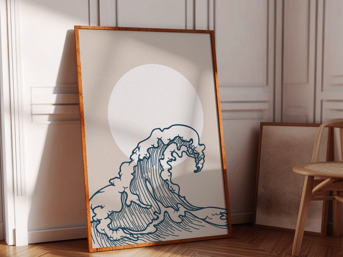 Great Wave Line Art Minimalist Ocean Blue Boho Wall Art Poster - Image 2