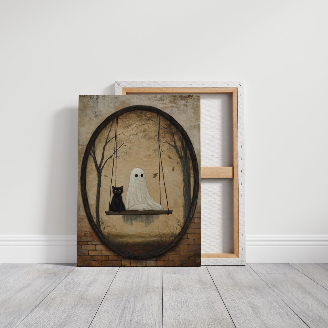 Ghost and Black Cat on Swing Rustic Oval Frame Spooky Cute Wall Poster - Image 3