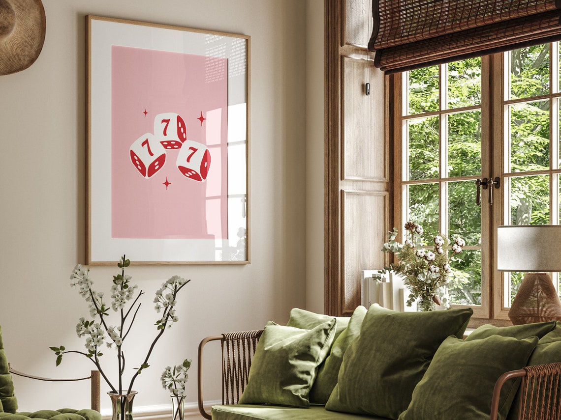 Lucky Seven White Dice Red Pips On Pink Retro Casino Style Wall Art - Image 4