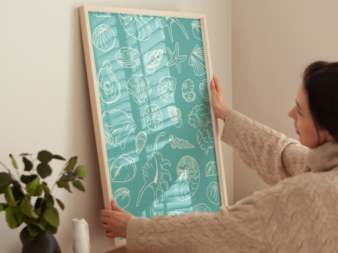 Cream Seashell Outline Pattern Aqua Teal Tropical Ocean Beach Poster - Image 4