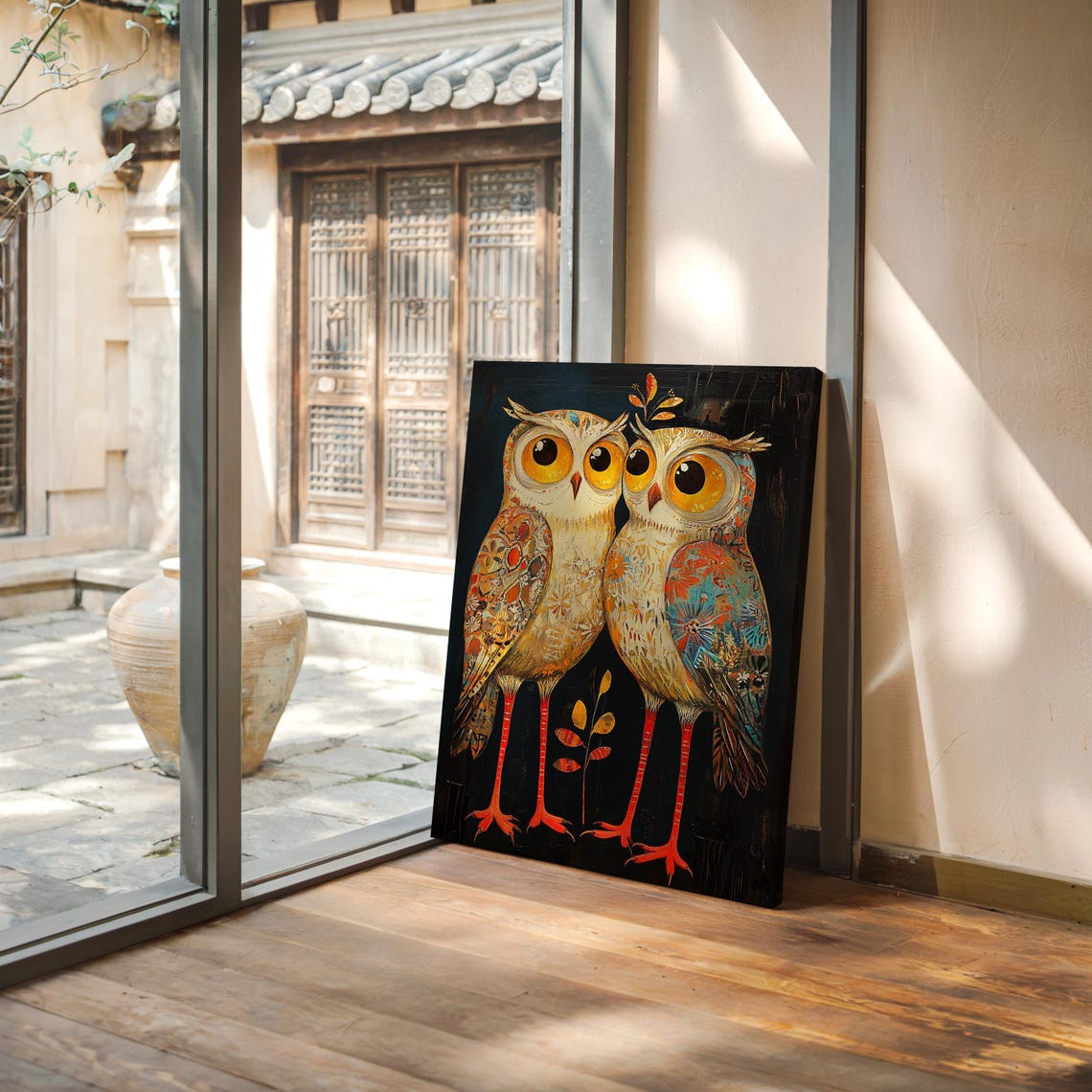 Whimsical Owl Pair Artwork Intricate Floral Patterns And Bold Colors On A Dark Background - Image 3