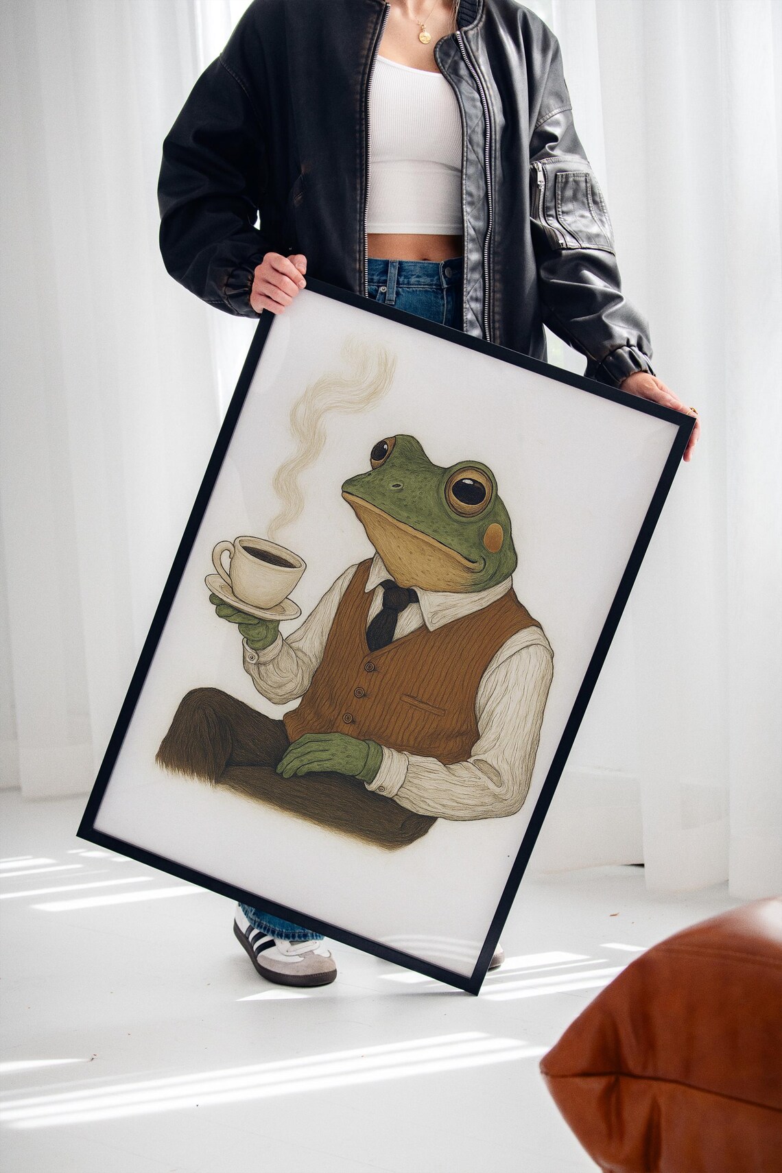 Dapper Frog Drinking Coffee, Whimsical Animal Portrait - Image 3