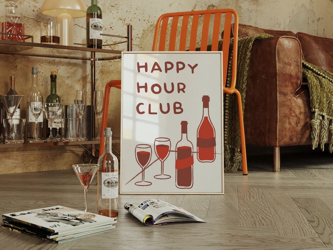 Happy Hour Club Retro Wine Bottles and Glasses Bar Kitchen Poster - Image 2