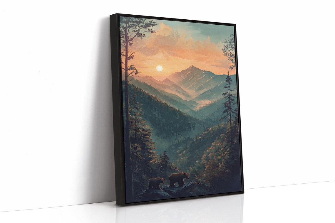 Bears on Rocky Overlook at Mountain Sunset Forest Valley Poster - Image 5