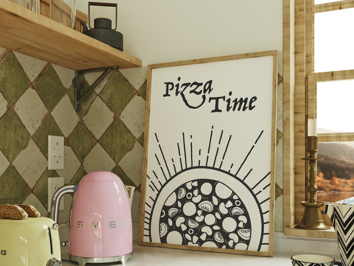 Pizza Time Retro Kitchen Funny Pizza Slice Line Art Wall Poster - Image 4
