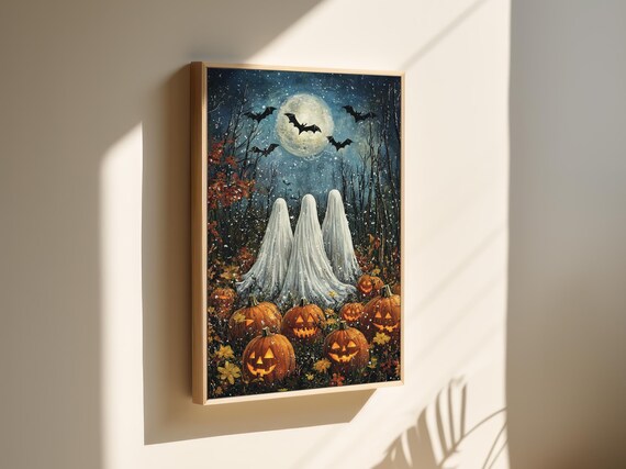 Ghost Trio Under Full Moon Pumpkin Patch Halloween Art Poster