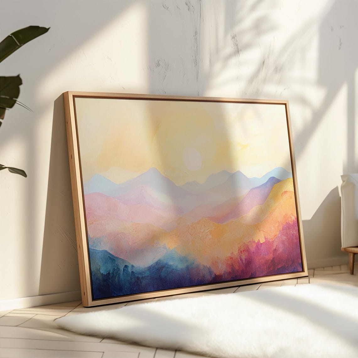 Soft Sunrise Over Abstract Mountains Warm Pastel Landscape Art Print For Serene And Modern Home Decor