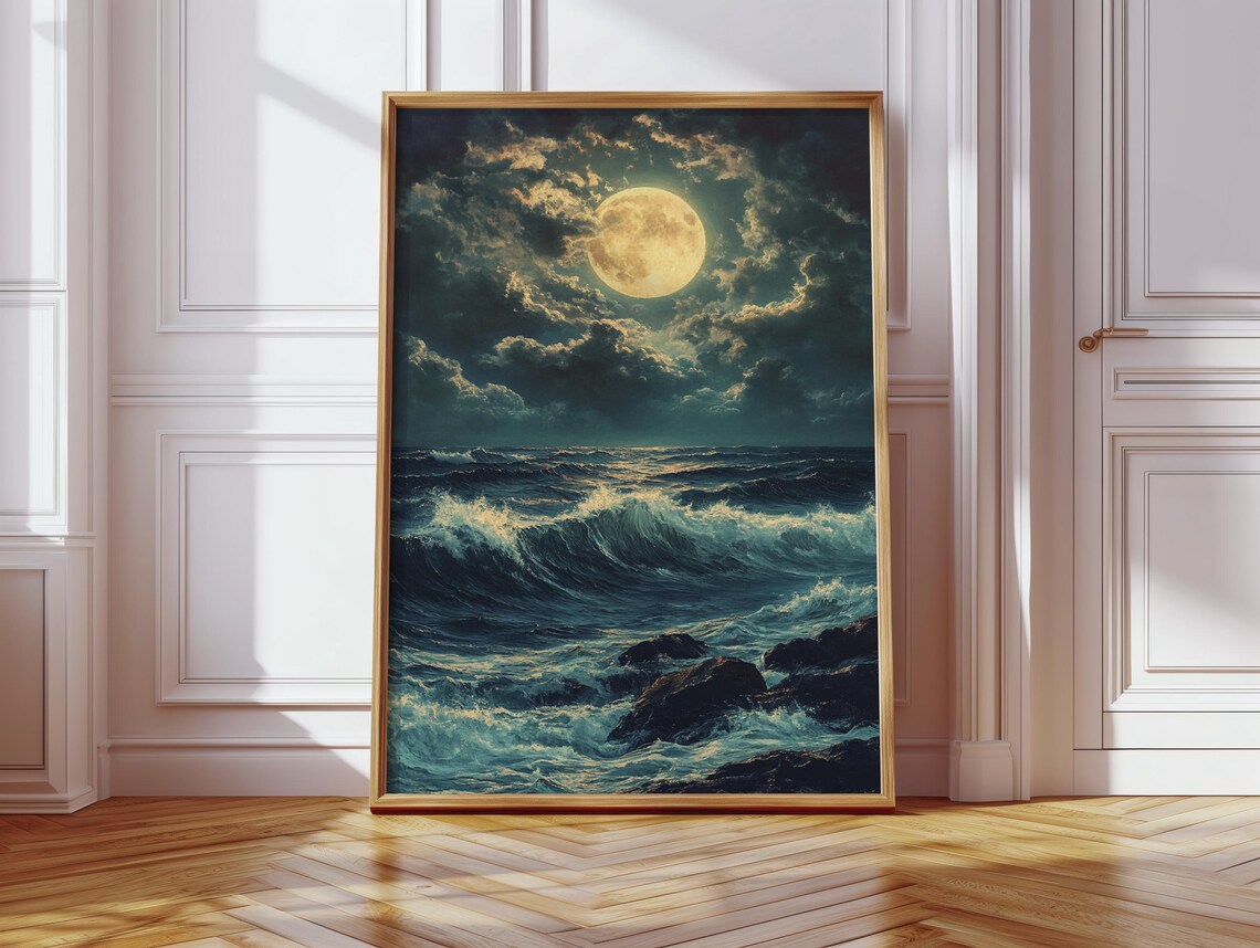 Full Moon Over Ocean Waves, Moody Seascape Art Print - Image 5
