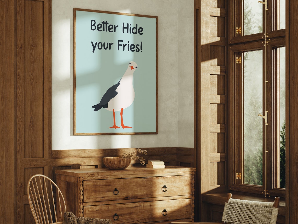 Better Hide Your Fries Cheeky Seagull Sea Blue Kitchen Poster - Image 2