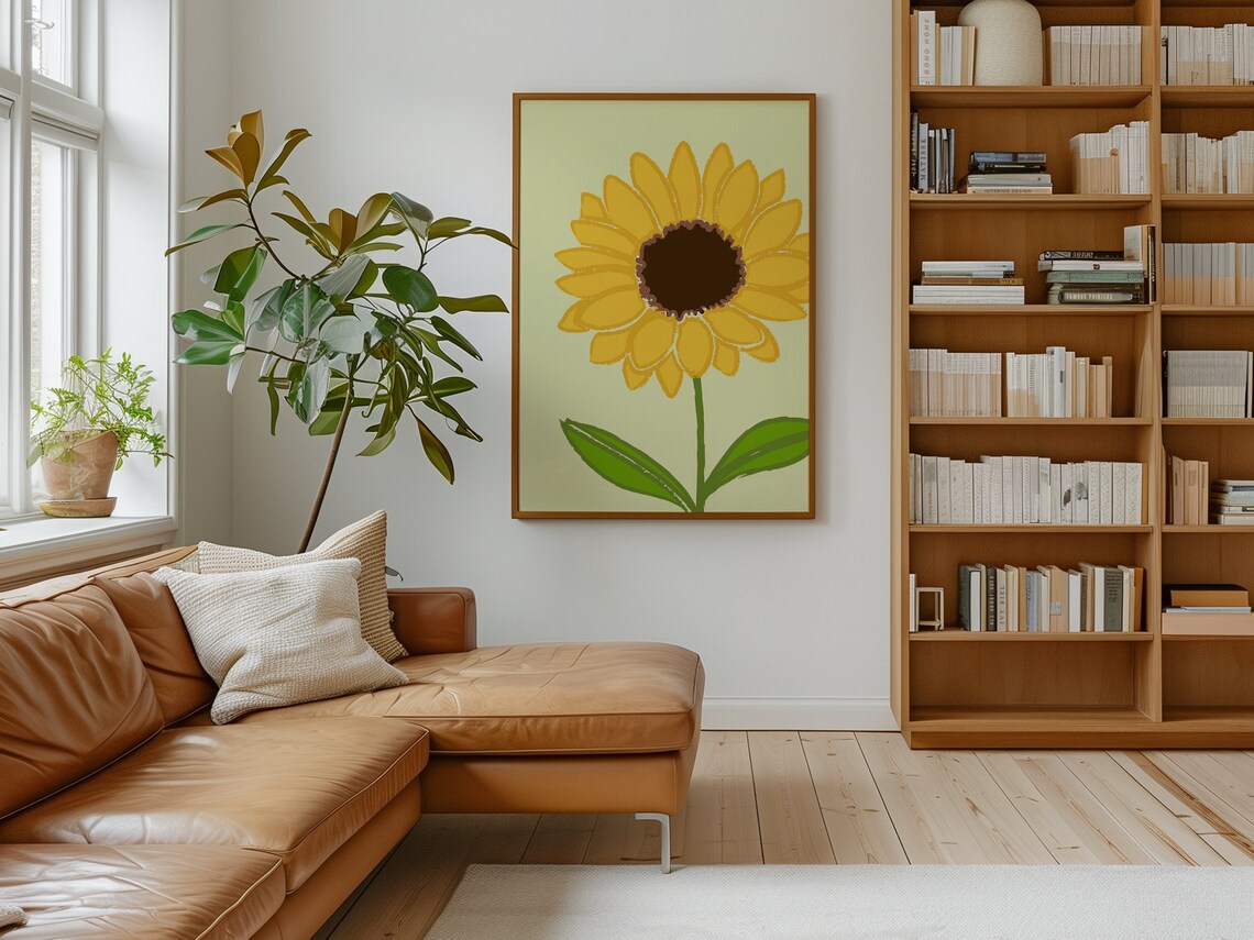 Single Tall Yellow Sunflower Green Stem Minimal Botanical Poster - Image 2