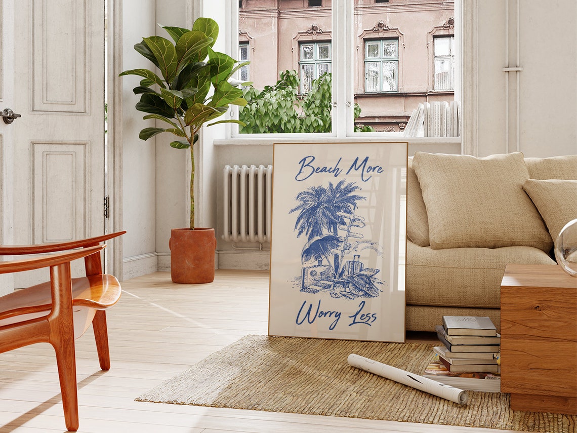 Beach More Worry Less Blue Palm Tree Coastal Quote Wall Poster