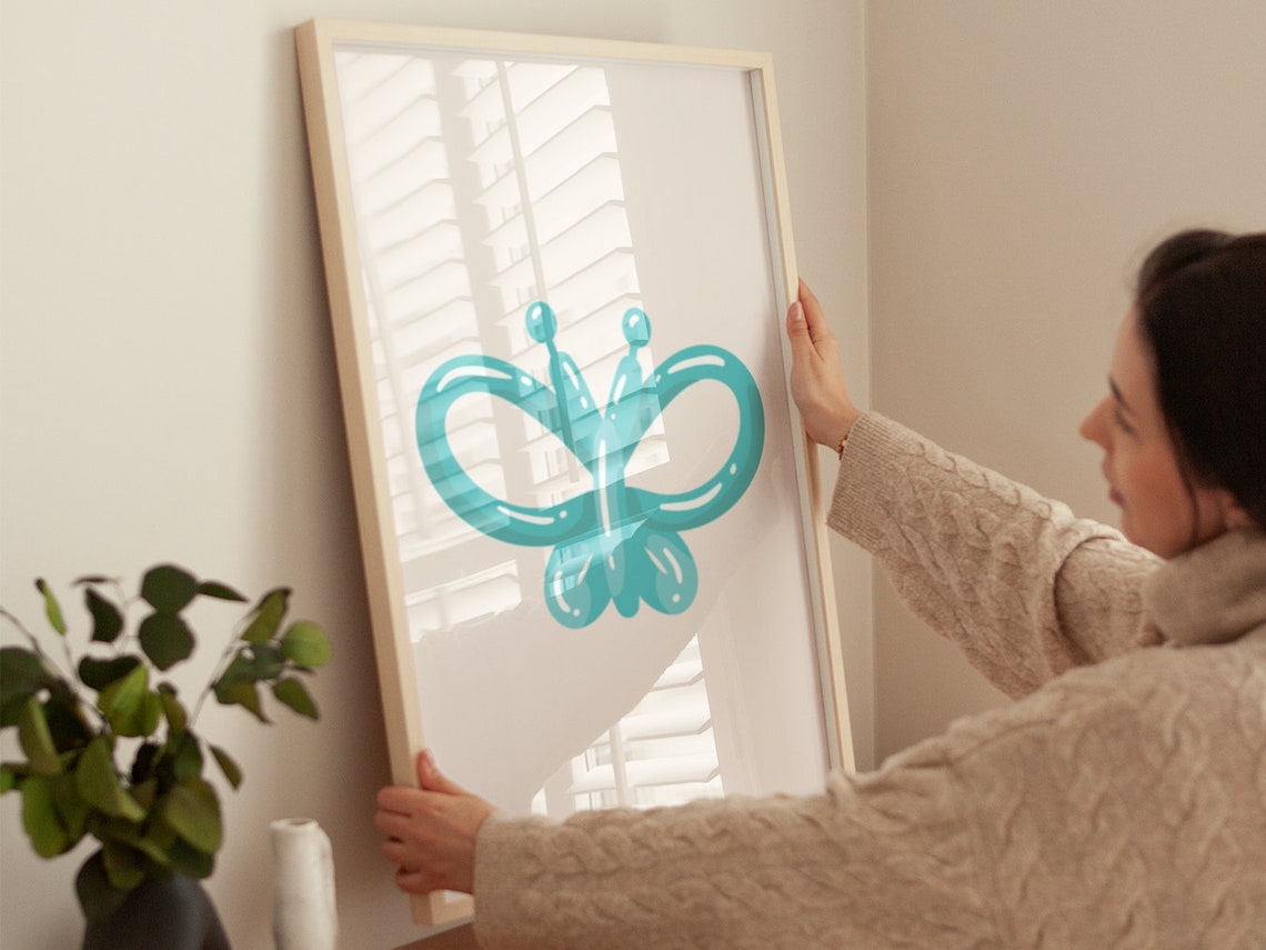 Teal Balloon Butterfly Minimalist Poster Cute Boho Kids Room Wall Art