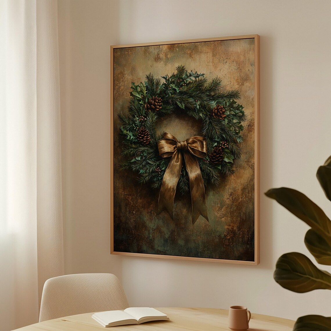 Elegant Holiday Wreath With Gold Bow Pinecones Vintage Christmas Print