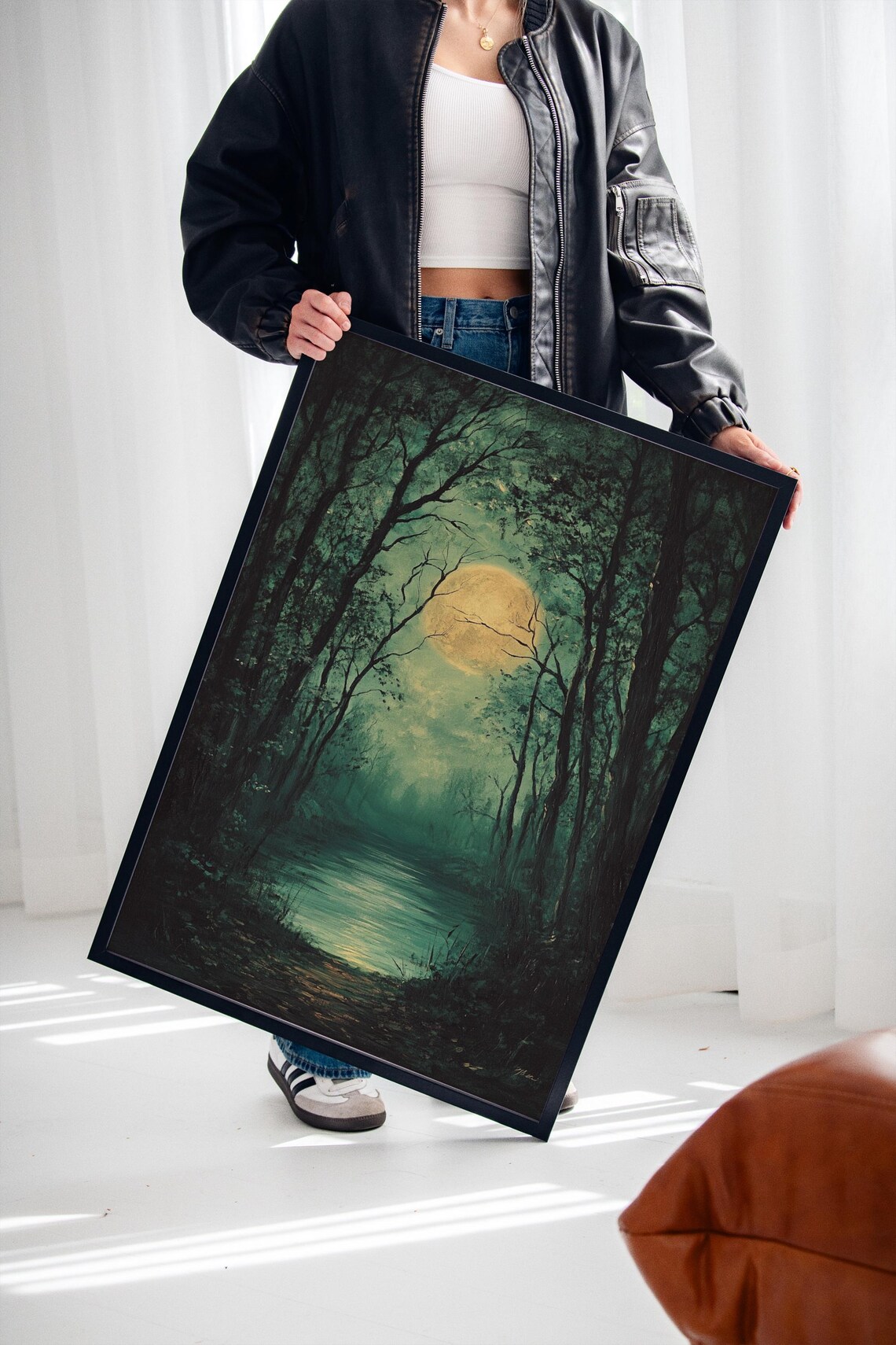 Golden Full Moon Over Forest River, Nocturnal Landscape - Image 2