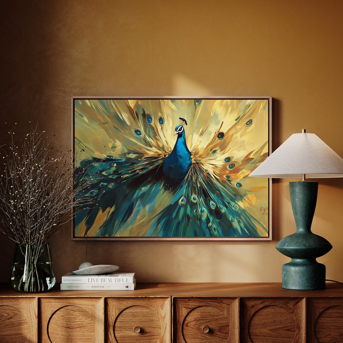 Bold Peacock Golden Teal Fanned Tail Striking Dramatic Bird Wall Art - Image 4