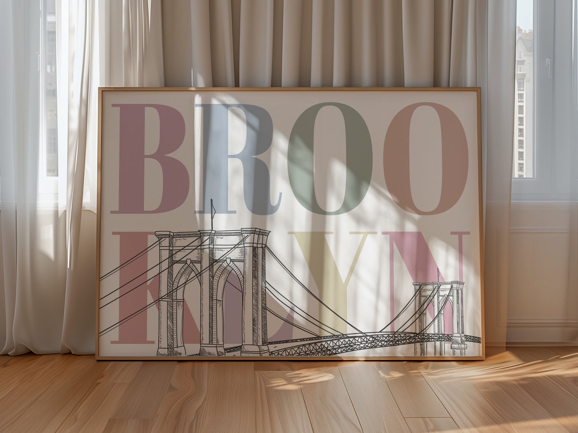 Brooklyn Bridge Line Sketch Pastel Typography New York Travel Poster