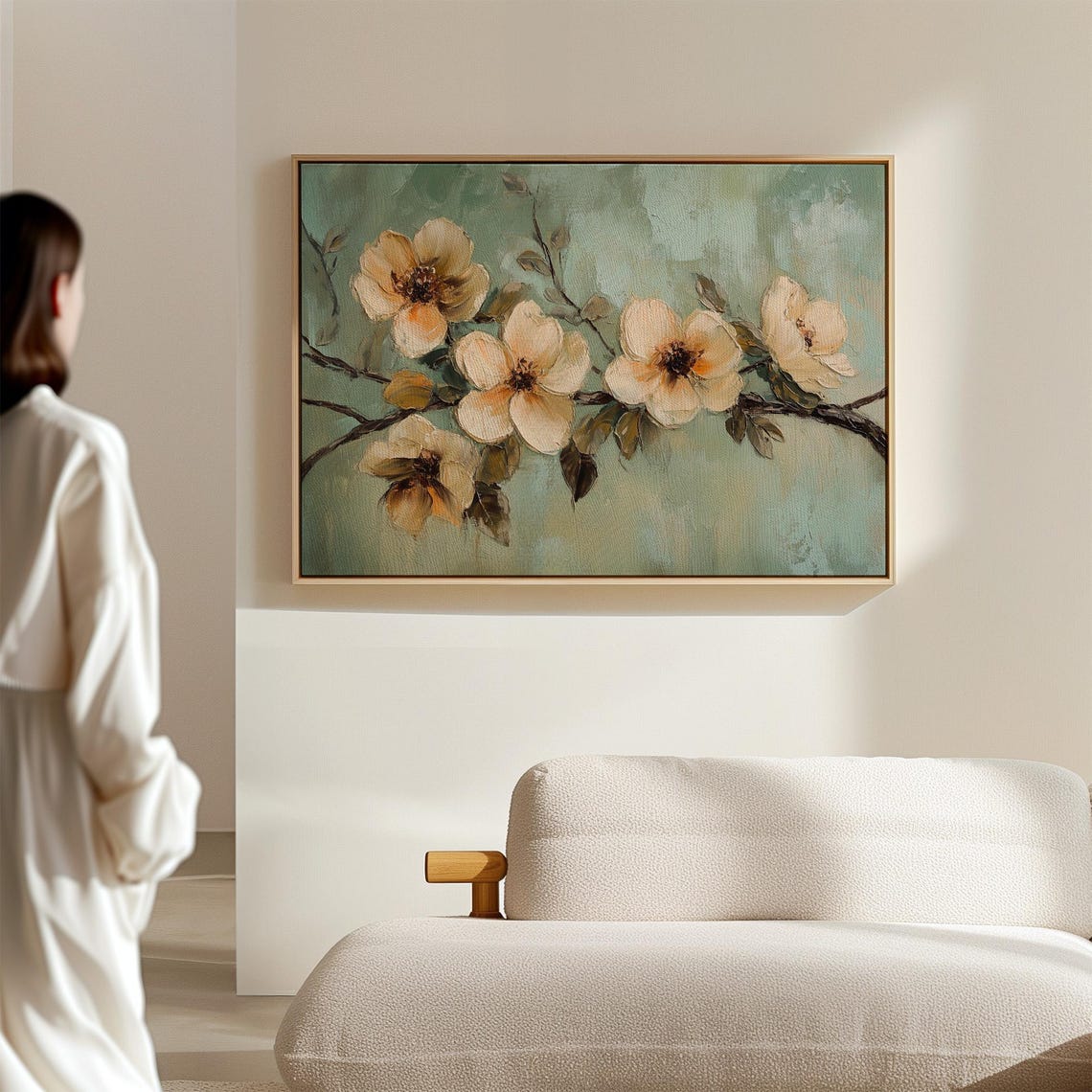Creamy Yellow Blossoms Branch Sage Green Textured Floral Art Poster - Image 4