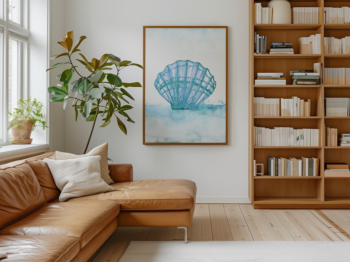 Blue Scallop Seashell Watercolor Coastal Minimalist Wall Art - Image 4